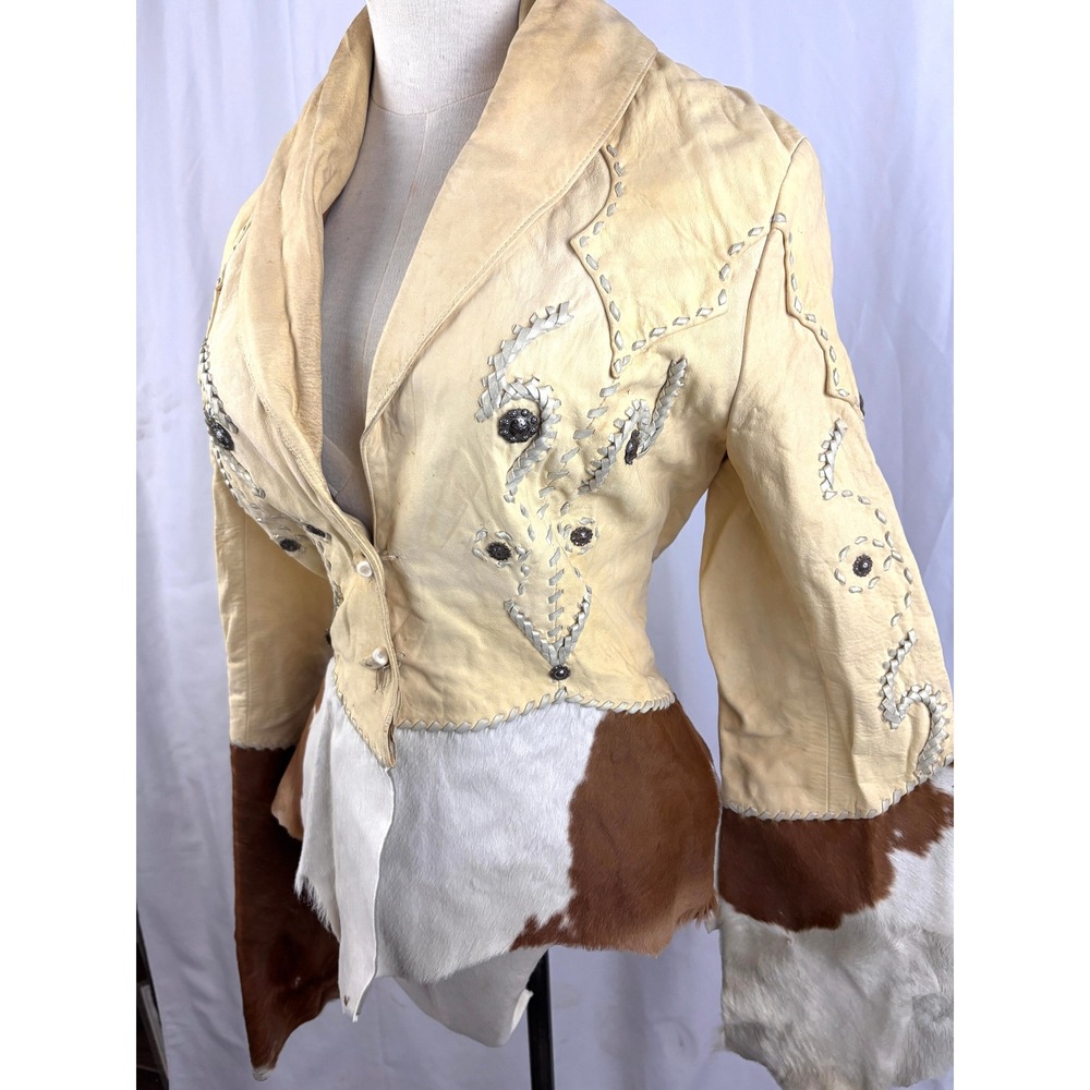 Vtg Michelle Julene Couture Leather Jacket Cowhide Western Beaded Whipstitch S - Picture 10 of 16
